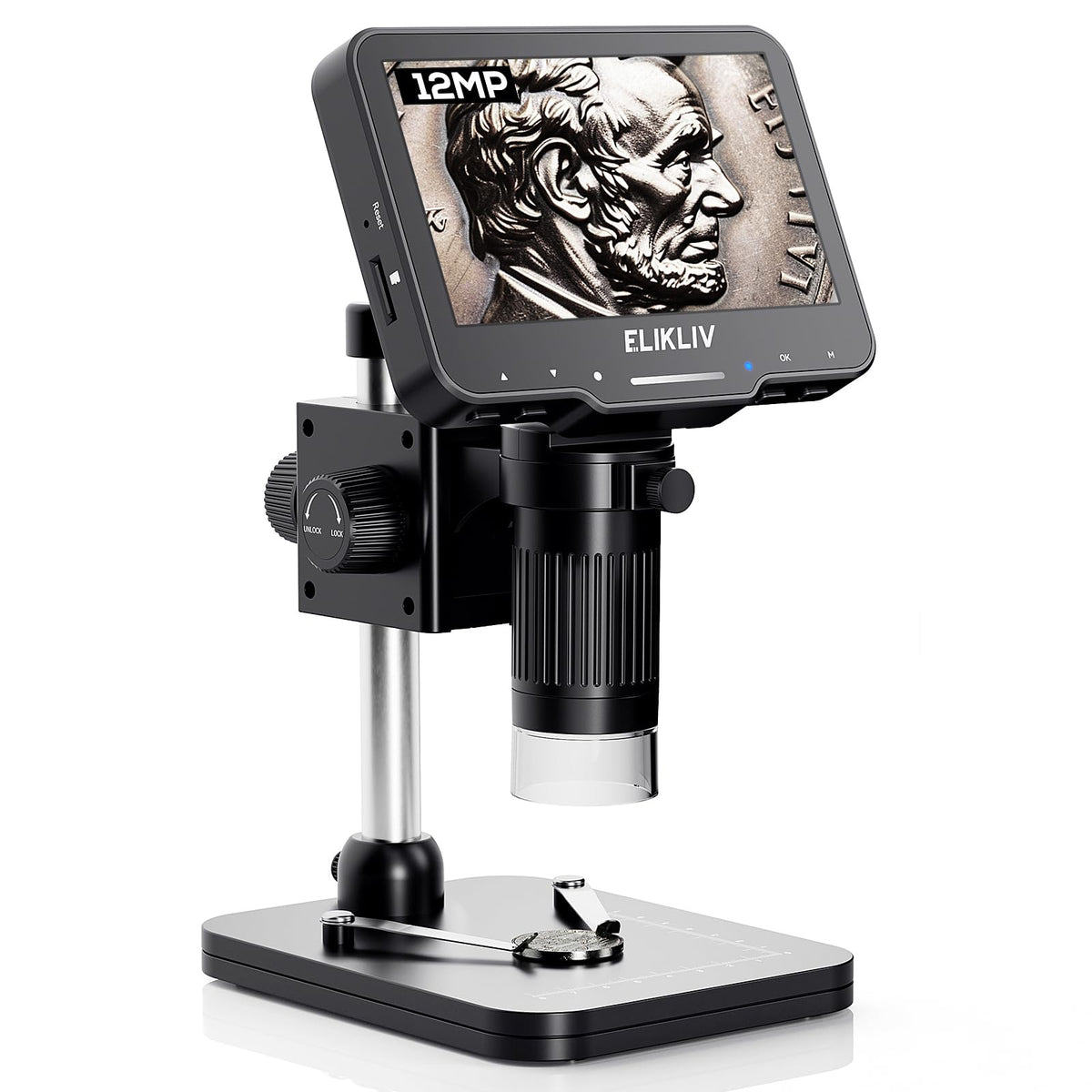 Elikliv EDM4 Max Coin Microscope, 4.3'' LCD Digital Microscope 1000x Coin Magnifier with 8 Adjustable LED Lights, PC View Compatible with Windows/MacBook, Great for Adults and Kids, Collector