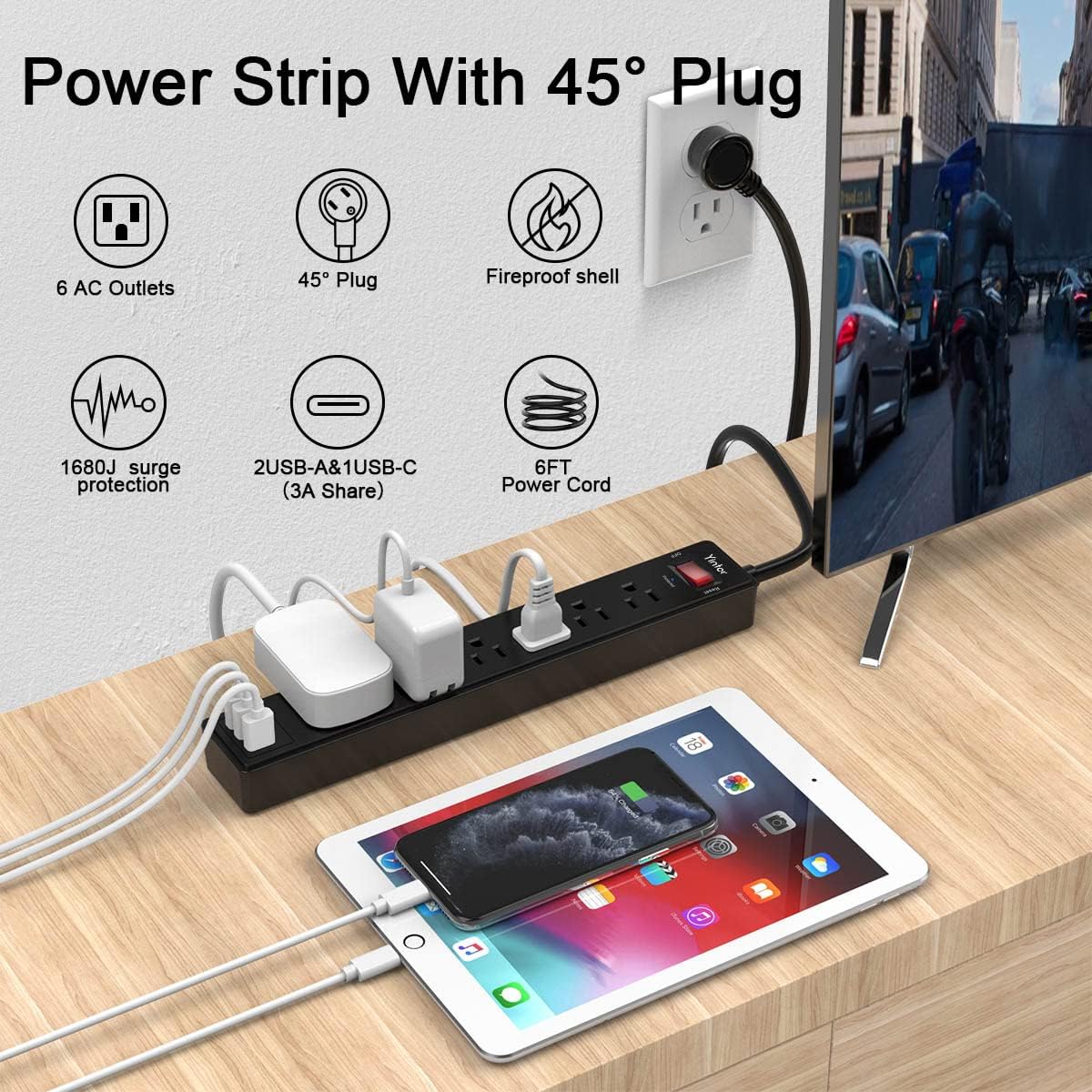 Yintar 6Ft Surge Protector Power Strip with 6 Outlets & 3 USB Ports, Black
