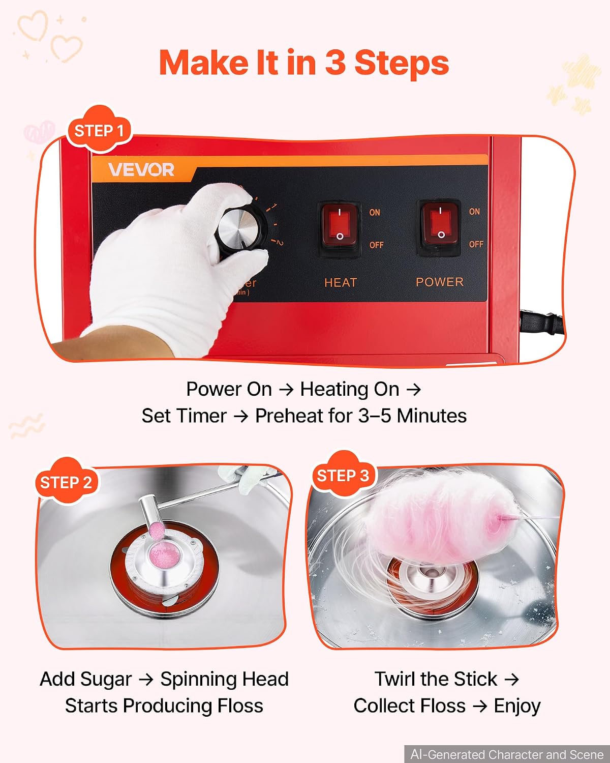 VEVOR Commercial Cotton Candy Machine, 1000W Electric Candy Floss Maker