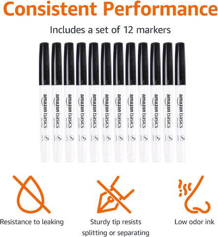 Amazon Basics Low Odor Ultra Fine Tip Dry Erase Whiteboard Markers for Teacher Supplies, Black, 24-Pack
