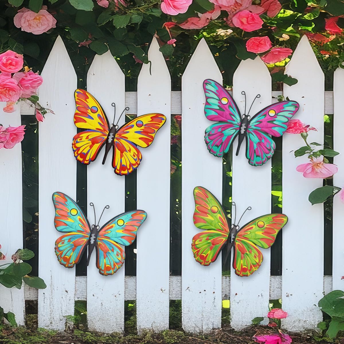 Daogtc Metal Butterfly Wall Decor - 9.6" Outdoor Fence Wall Art Decor, Hanging Decorations for Garden Yard Living Room Bedroom Patio Balcony(4 Pack)