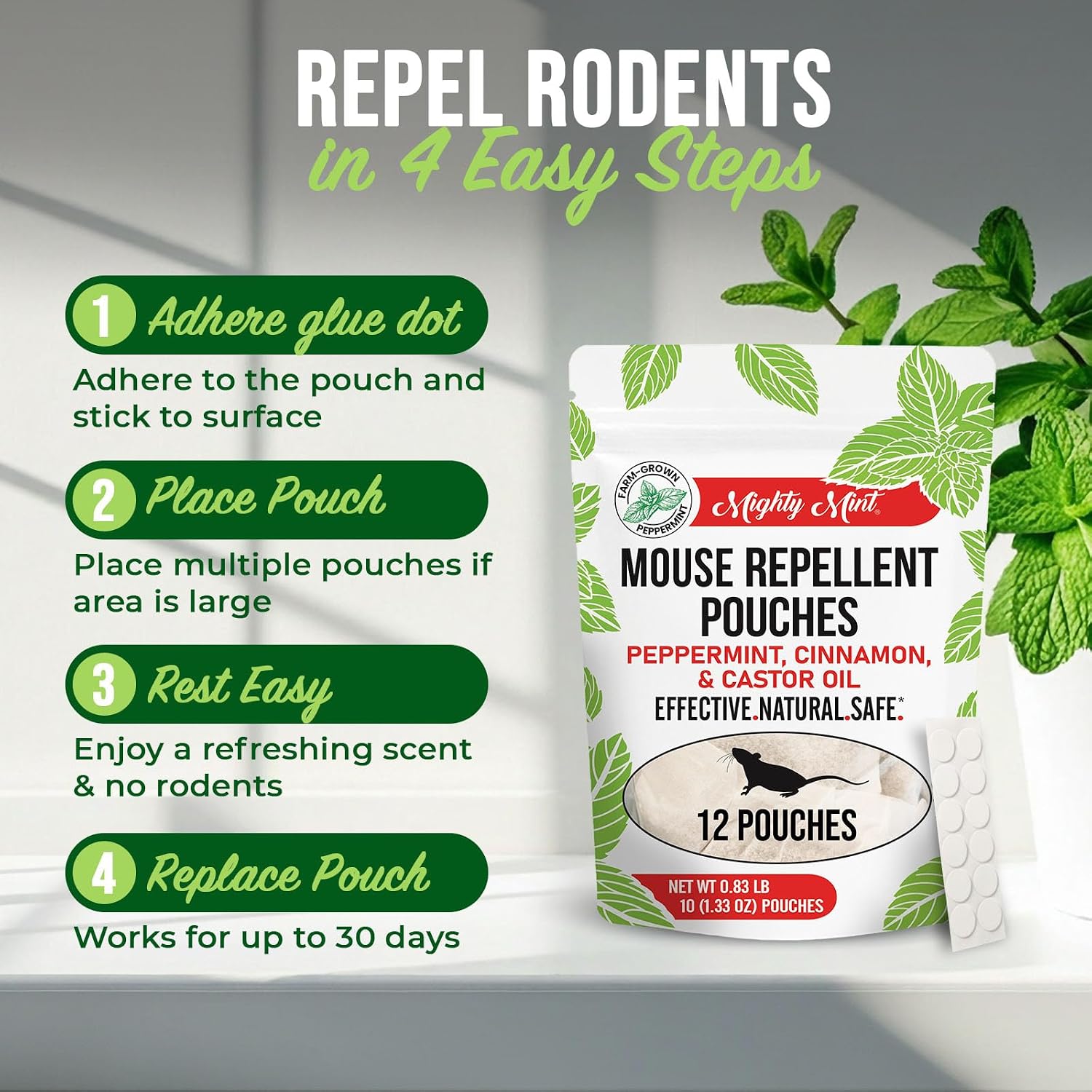 Mighty Mint Mouse Repellent Pouches with Glue Dots, 12 Count
