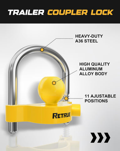 RETRUE Universal Trailer Coupler Lock, Adjustable Hitch Lock, Bright Yellow