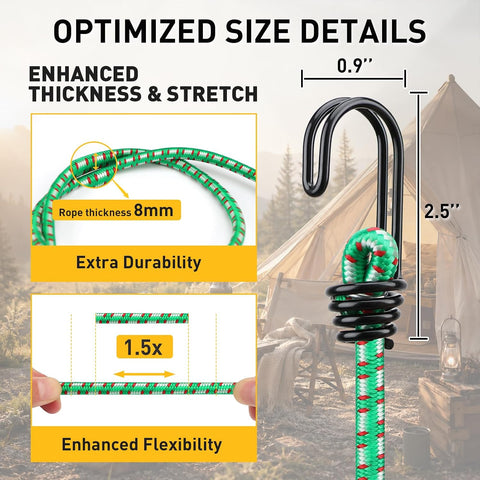 Bungee Cords Heavy Duty Outdoor: 20 Pcs Premium Rubber Bungee Cords with Hooks in a Storage Jar Includes 10", 18", 24", 30", 36", 48" Bungee Cord for Camping, Tent, Fastening Items