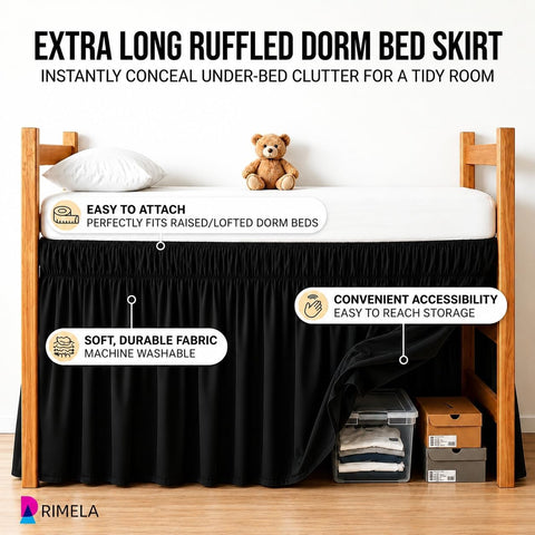 Dorm Room Bed Skirt Twin XL 22" Drop, College Split Corner Bedskirt, Black