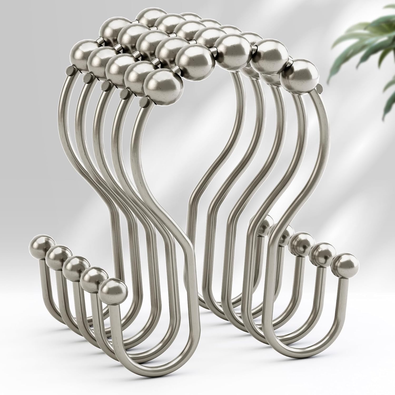 AmazerBath Shower Curtain Hooks, Shower Curtain Rings, Metal Nickel Shower Curtain Hooks Rust Proof, Smooth Glide Double Shower Hooks for Shower Curtain, Shower Rod Hooks 12Pcs