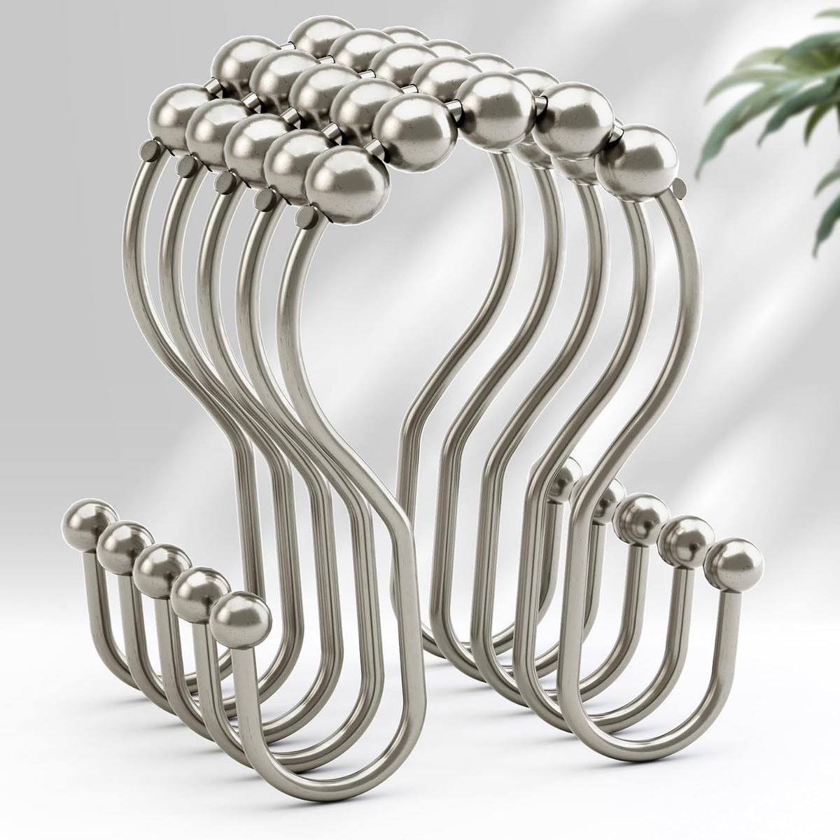 AmazerBath Shower Curtain Hooks, Shower Curtain Rings, Metal Nickel Shower Curtain Hooks Rust Proof, Smooth Glide Double Shower Hooks for Shower Curtain, Shower Rod Hooks 12Pcs