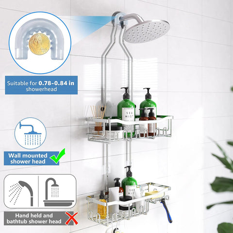 Upgraded Extended Length Shower Organizer with Hooks, Rustproof Shampoo Soap Holder, Large Hanging Bathroom Caddy, Silver