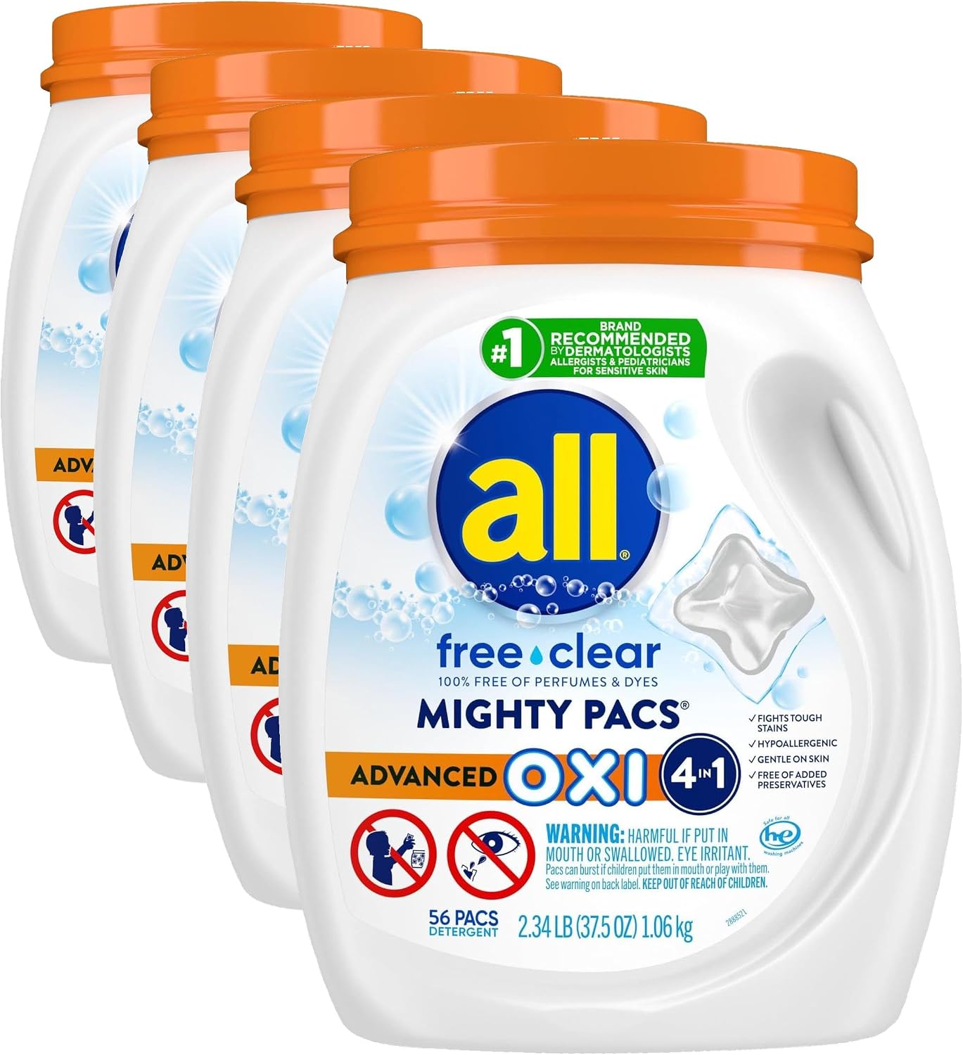 all Laundry Detergent Pacs, Advanced OXI, Unscented, 56 Count, Pack of 2 | Stainfighting power, hypoallergenic formula, dye free, dermatologist tested, HE compatible, fragrance free, unscented