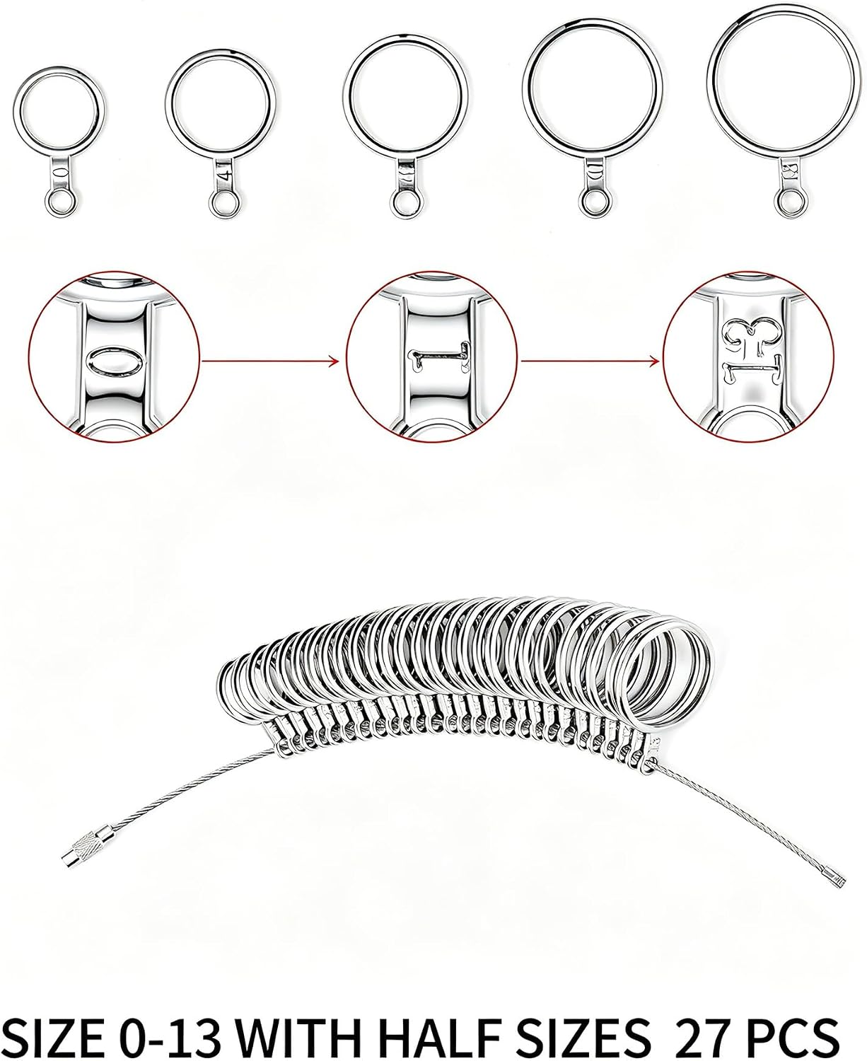 Bflaae Ring Sizer Measuring Tool Kit, 27 PCS Stainless Steel Measuring Ring Tool, US Ring Size 0-13 with Half Size, 2 PCS Reusable Finger Size Tape with Magnified Glass 1-17 USA Rings Size