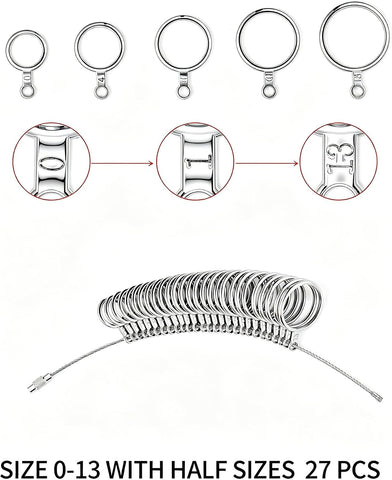 Bflaae Ring Sizer Measuring Tool Kit, 27 PCS Stainless Steel Measuring Ring Tool, US Ring Size 0-13 with Half Size, 2 PCS Reusable Finger Size Tape with Magnified Glass 1-17 USA Rings Size