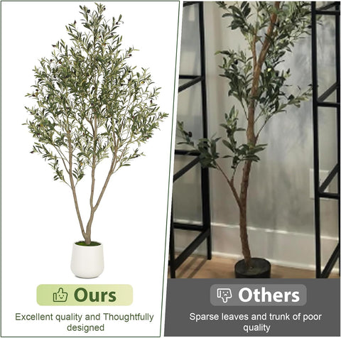VIVATREES Olive Trees Artificial Indoor, 7FT Tall Faux Olive Tree with White Tall Planter, Artificial Plants with Natural Wood Trunk and Lifelike Fruits for Home Office Decor
