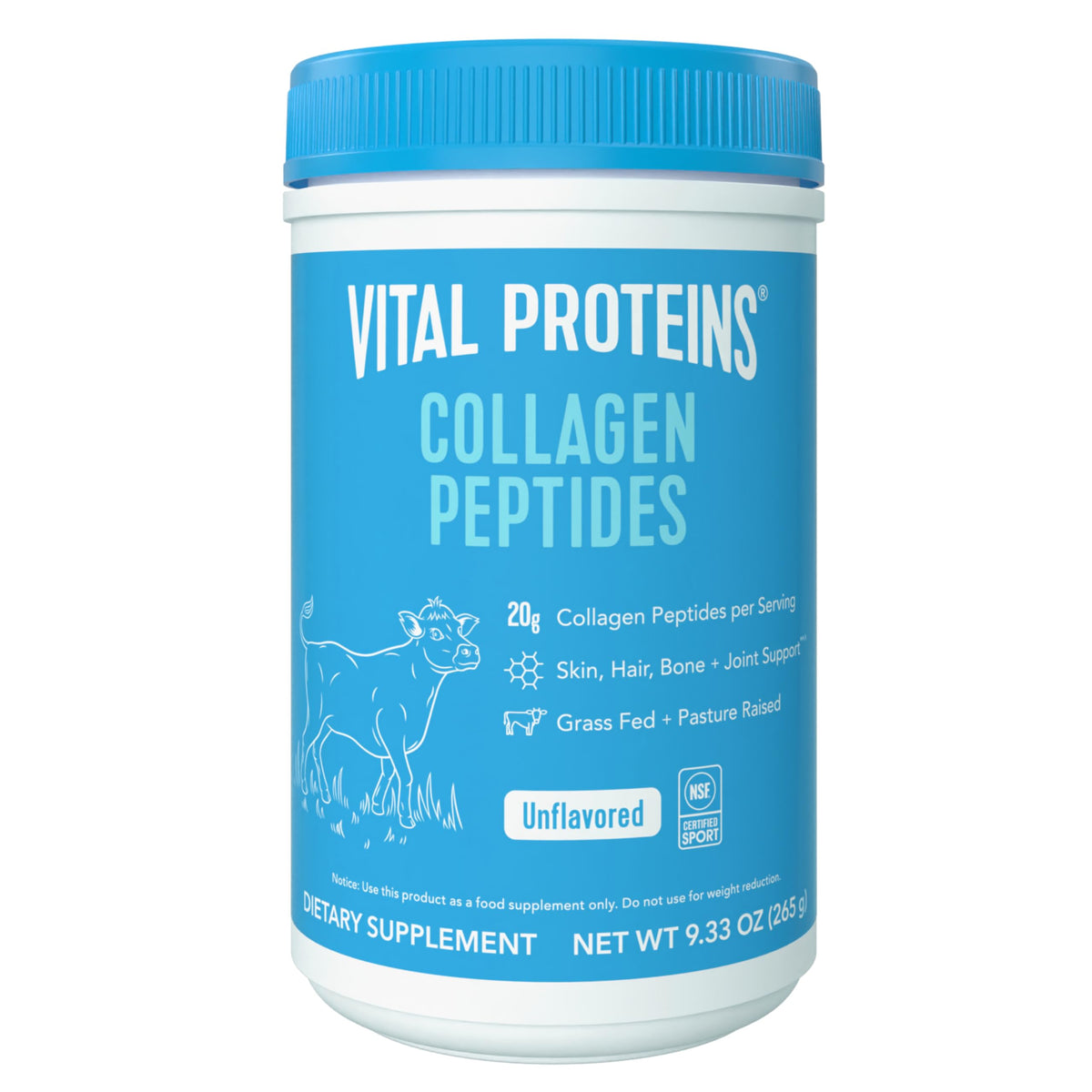 Vital Proteins Grass Fed Collagen Peptides Powder, Supports Hair, Skin, Nails, Bones, and Joints Health, Hydrolyzed Peptides - Zero Sugar, Unflavored, 9.33oz