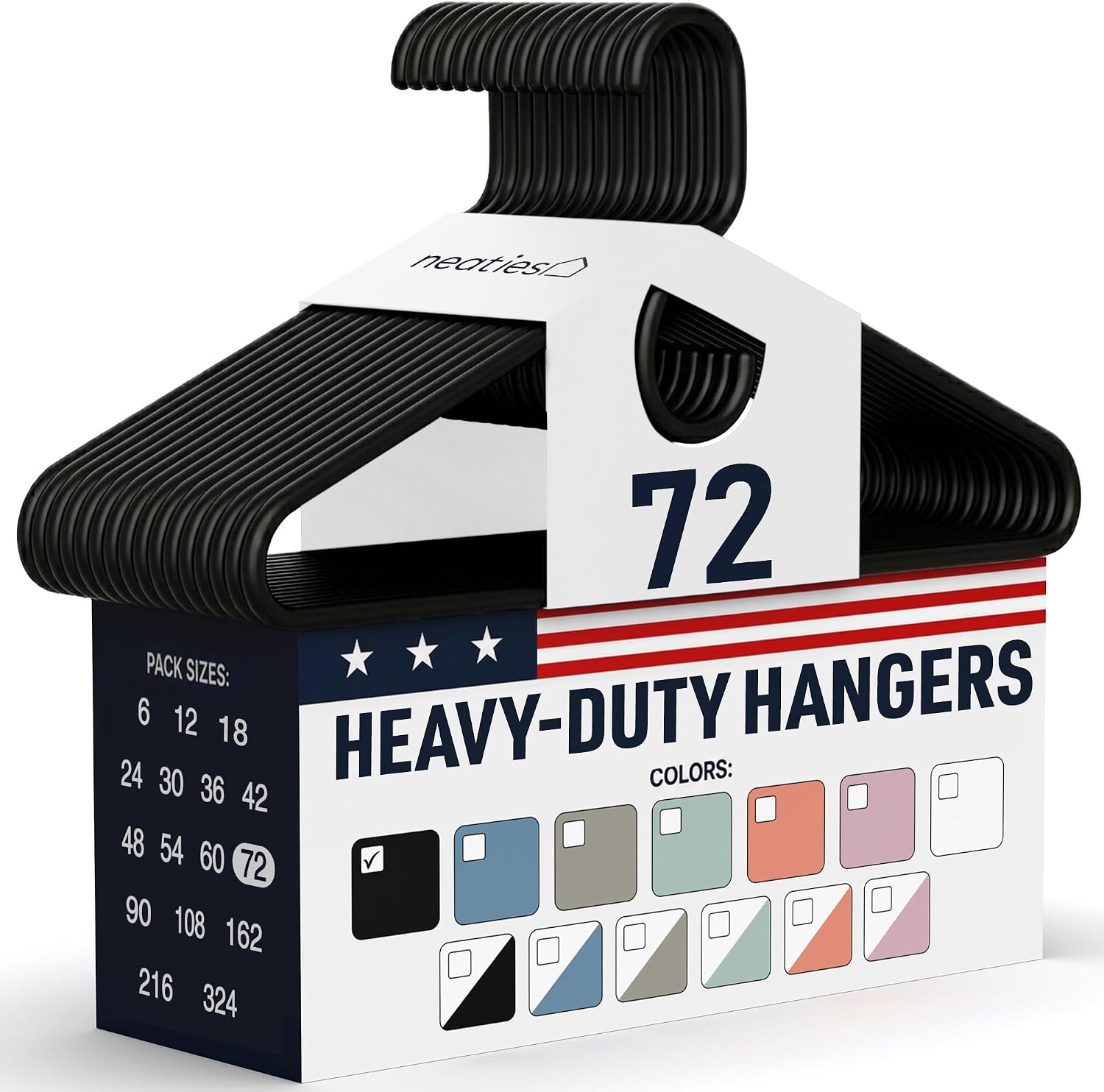 Heavy Duty Clothes Hangers 50+ Pack (72 Count) – Made in the USA – 8lb Capacity Plastic Hangers for Adult Clothing – Durable for Pants, Coats, Jackets, or Jeans – Black
