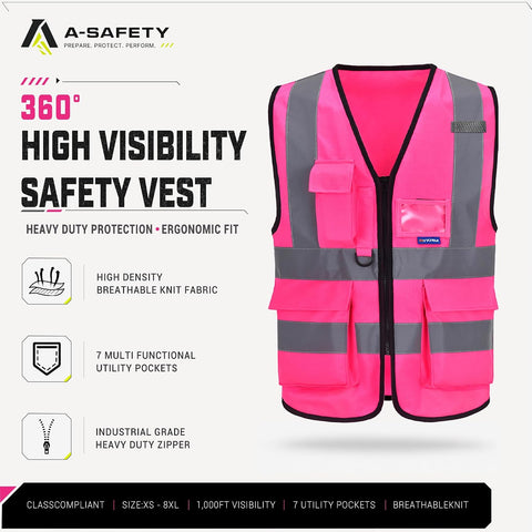 A-SAFETY High Visibility Reflective Vest with Multi-Color, Zipper, Pink, S
