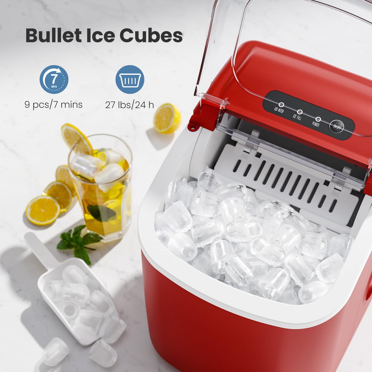 Countertop Portable Ice Maker Machine with Handle, 9 Bullet-Shaped Ice Cubes Ready in 6 Mins, 26Lbs/24H, Self-Cleaning Function with Ice Scoop and Basket for Home/Kitchen/Party (Red)