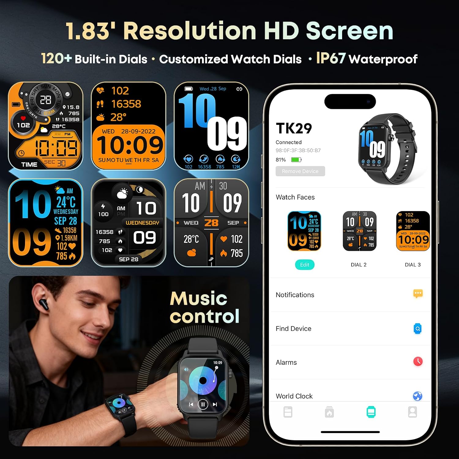 Smart Watch for Men, 120+ Sports Modes Smartwatch with 1.83" HD Touchsreen, Sleep Monitor, IP67 Waterproof, Bluetooth Call & Music Control Fitness Watch for iPhone/Android (Black)