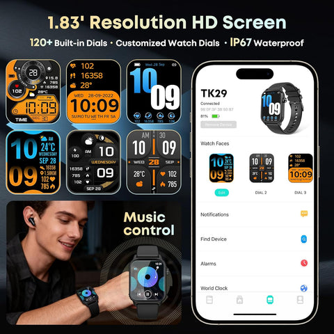Smart Watch for Men, 120+ Sports Modes Smartwatch with 1.83" HD Touchsreen, Sleep Monitor, IP67 Waterproof, Bluetooth Call & Music Control Fitness Watch for iPhone/Android (Black)