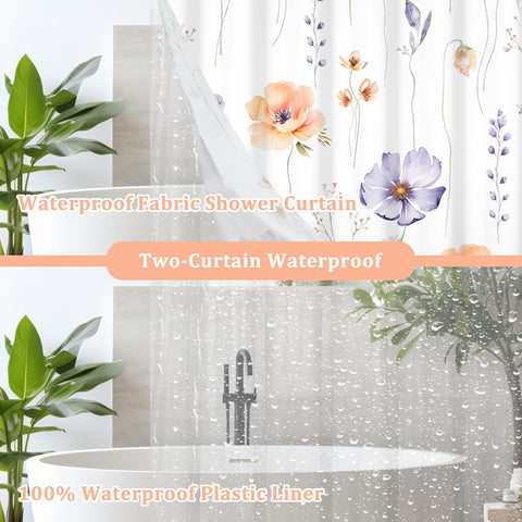 AWERT Floral Shower Curtain for Bathroom Violet Beige Flower Shower Curtain with Liner 3 in 1 Shower Curtain Set Clear PEVA Liner with 12 Rust Proof Hooks 70x70 inch