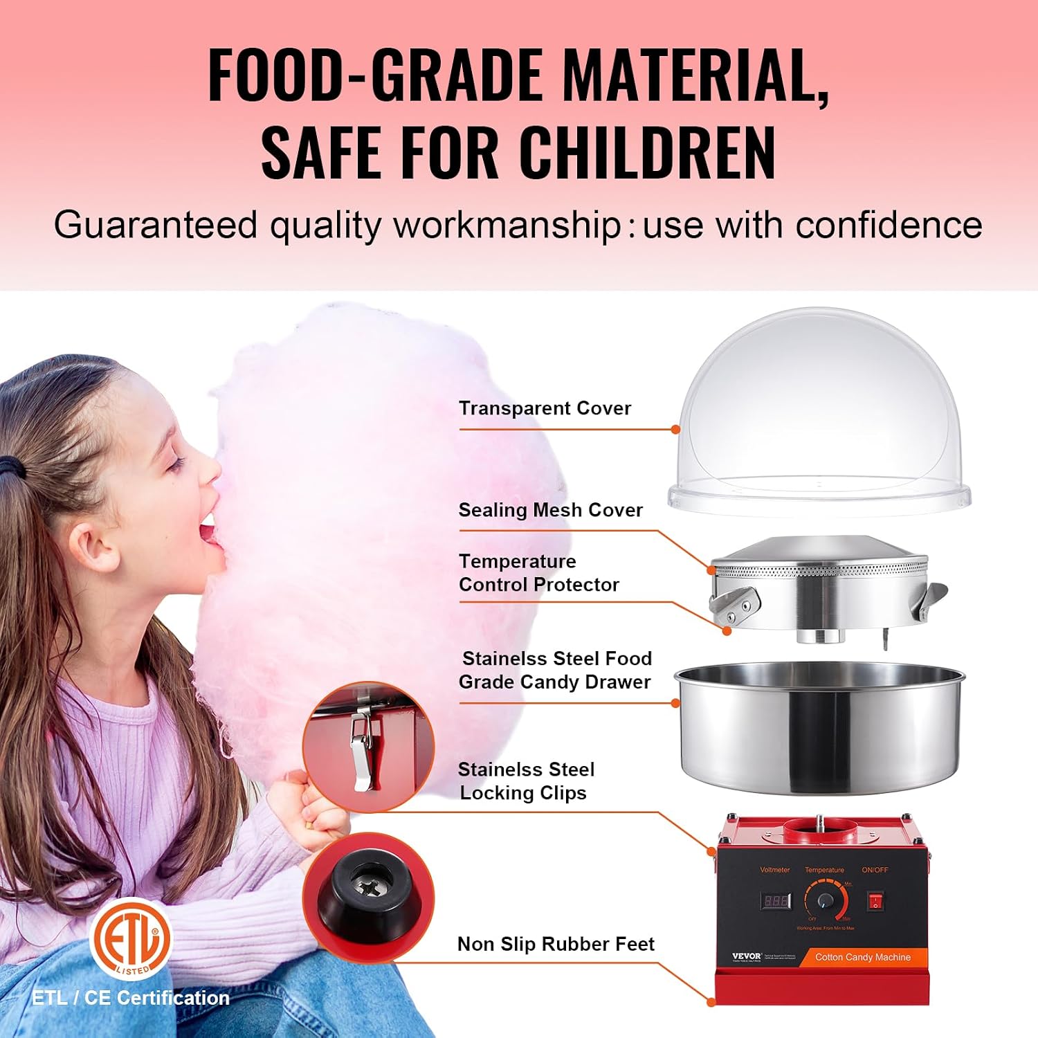 VEVOR Cotton Candy Machine Commercial, 1000W Electric Floss Maker with Cover, Stainless Steel Bowl, Sugar Scoop, Storage Drawer, Perfect for Home, Carnival, Kids Birthday, Family Party, Red