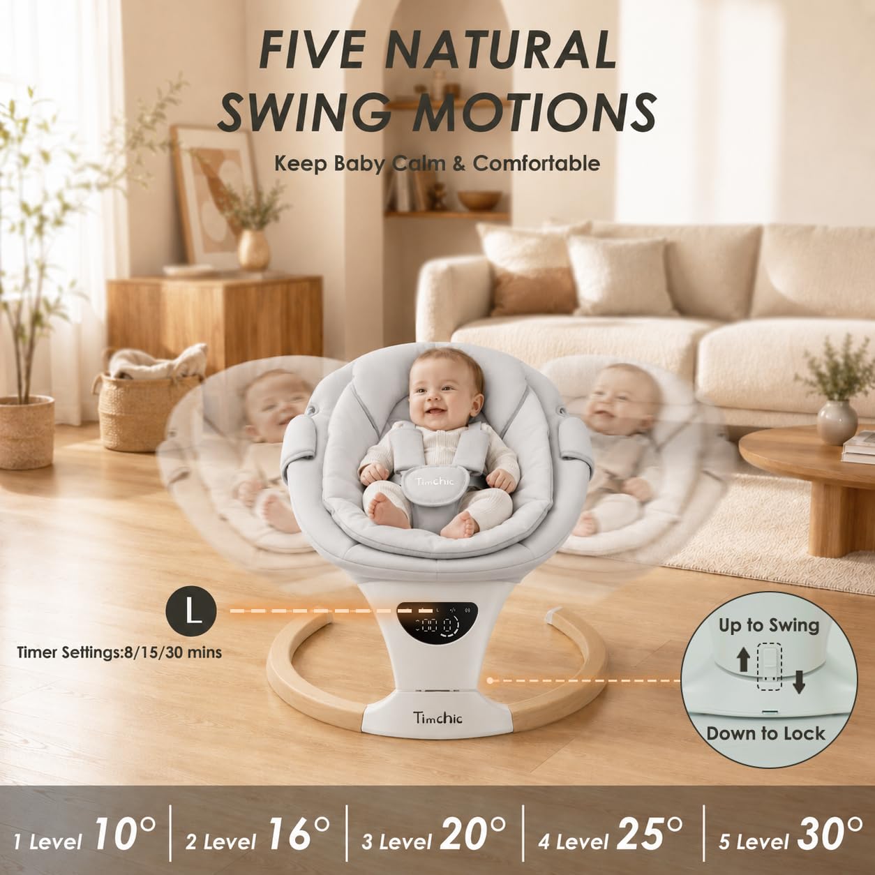 Baby Swing with Auto-Rocking, 5 Motions & 12 Melodies，Gray