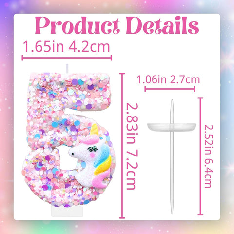 Unicorn Birthday Number Candles for Cake, Pink Number 7 Candle, Fun Glitter Unicorn Cake Topper, Birthday Decorations Cupcake Topper for Party Supplies