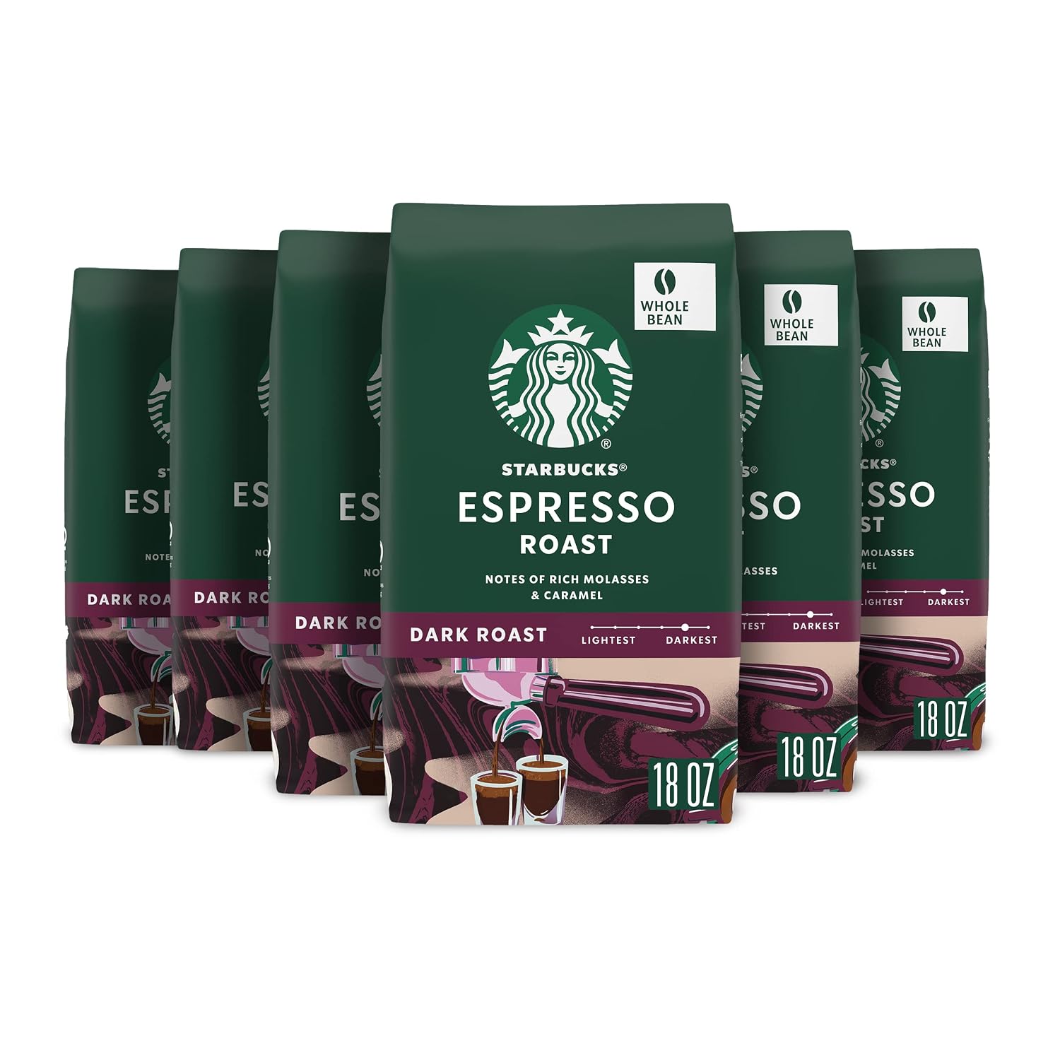 Starbucks Whole Bean Espresso Roast Coffee, 6 Bags 18 oz