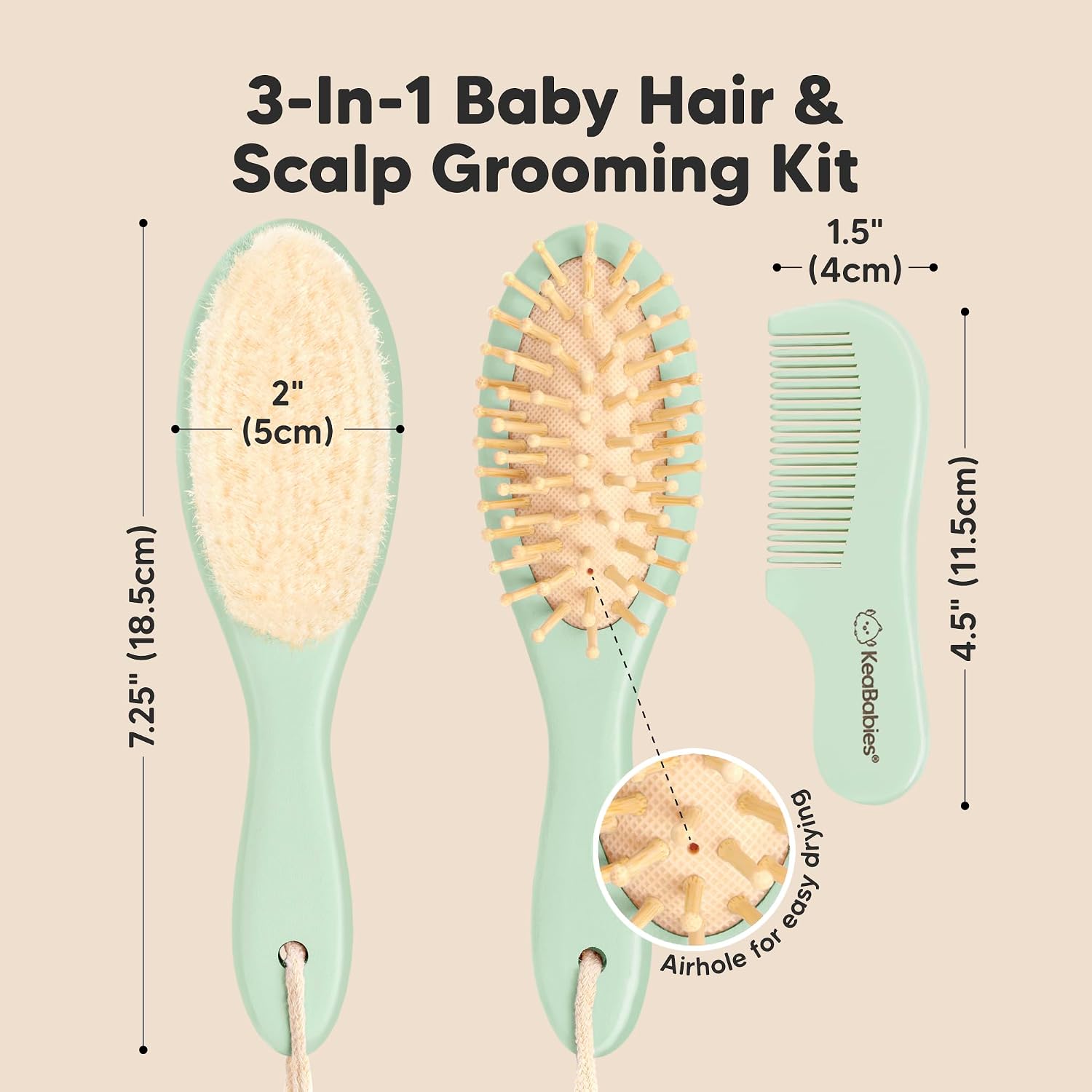 Wooden Baby Hair Brush Set for Newborns, Toddler Comb (Sage, Regular)