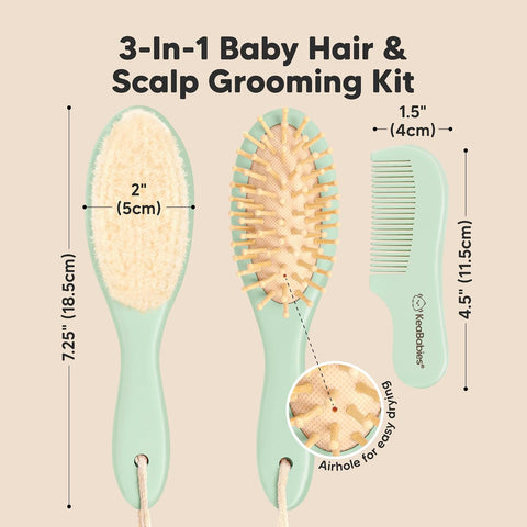 Wooden Baby Hair Brush Set for Newborns, Toddler Comb (Sage, Regular)