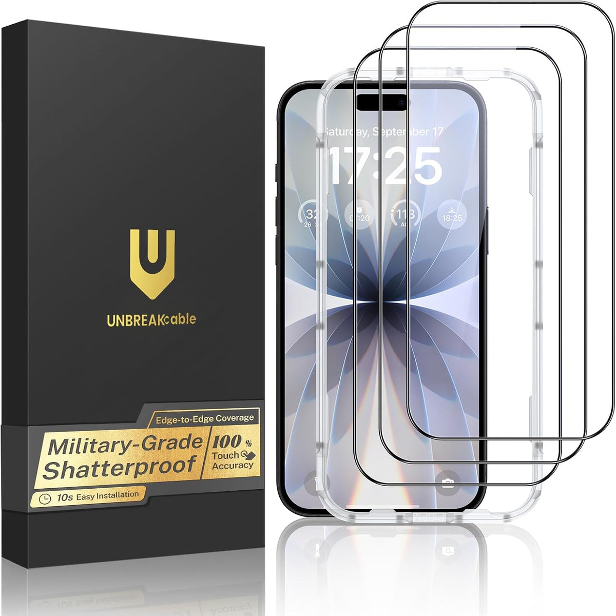 UNBREAKcable for iPhone 17 Screen Protector, 3-Pack Full Coverage Tempered Glass Screen [Military Grade Shatterproof] [9H Hardness] [Bubble Free] [Easy Installation] [99.99% HD Clear] for iPhone 17