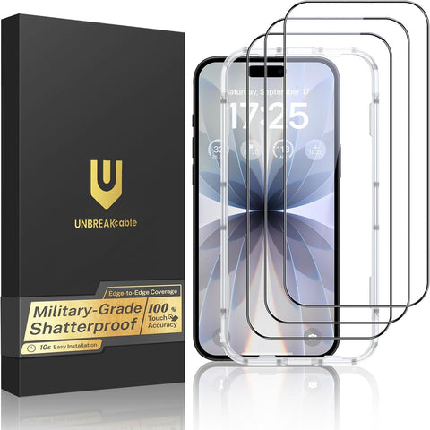 UNBREAKcable for iPhone 17 Screen Protector, 3-Pack Full Coverage Tempered Glass Screen [Military Grade Shatterproof] [9H Hardness] [Bubble Free] [Easy Installation] [99.99% HD Clear] for iPhone 17