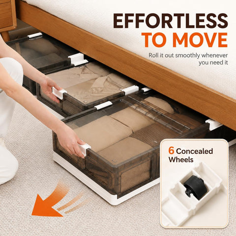 2-Pack Under Bed Storage Containers with Wheels - Stackable, Foldable Plastic Storage Boxes with Lids for Clothes, Shoes, Blankets - Perfect for Bedroom Organization and Dorms