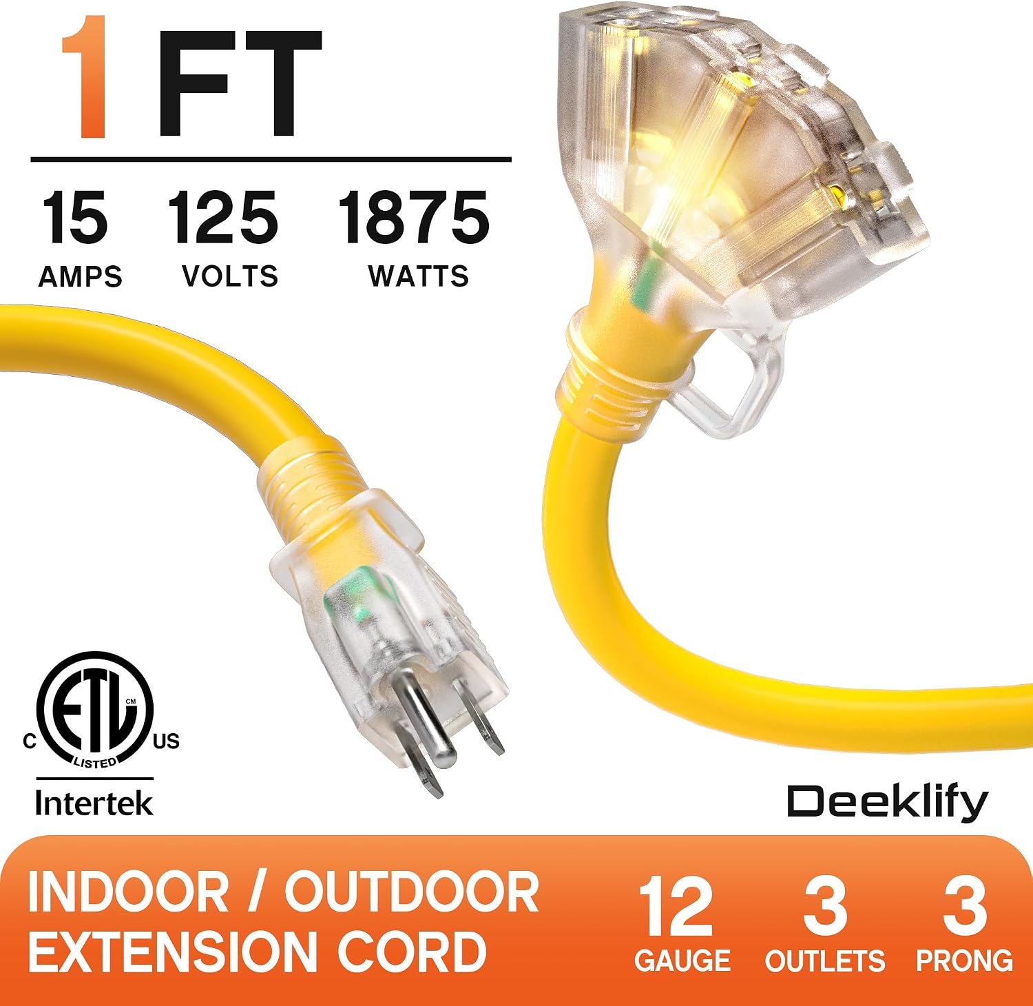 1 FT 12 Gauge Heavy Duty Extension Cord with Multiple Outlets