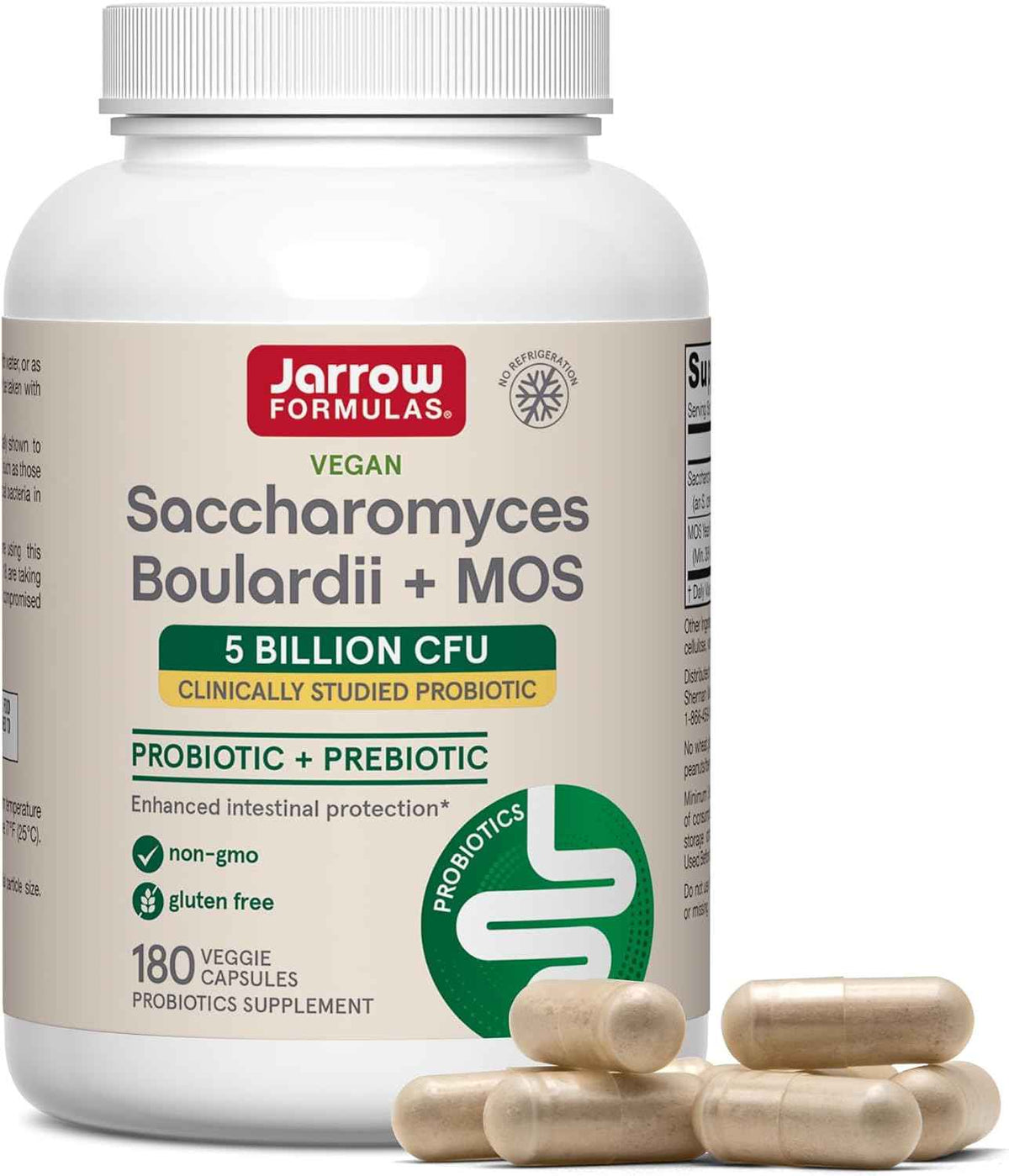 Jarrow Saccharomyces Boulardii + MOS Probiotics, 180 Capsules | Intestinal Tract Support, 5 Billion CFU Per Serving, 180 Delayed-Release Capsules, Probiotic + Prebiotic