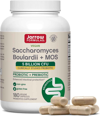 Jarrow Saccharomyces Boulardii + MOS Probiotics, 180 Capsules | Intestinal Tract Support, 5 Billion CFU Per Serving, 180 Delayed-Release Capsules, Probiotic + Prebiotic