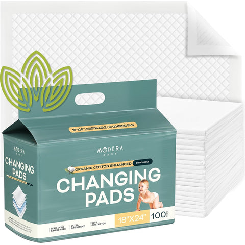 Organic Cotton Enhanced Disposable Changing Pad Liners | Large 18x24 Hypoallergenic Ultra Absorbent Waterproof Super Soft Quilted Underpads for Baby Diaper Table/Travel, Leak Proof Mess Free 100-Pack