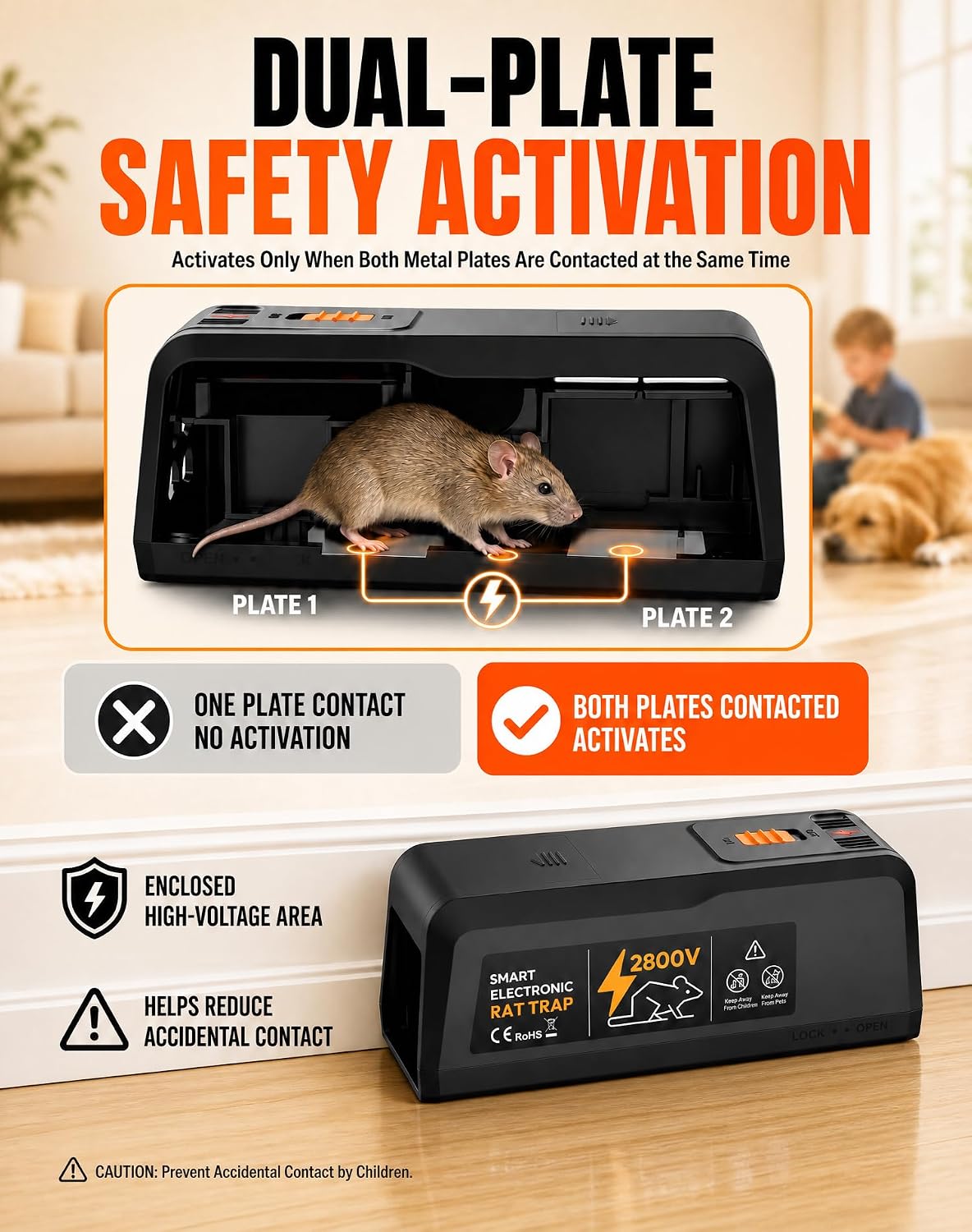 2 Pack Electric Rat Trap, 2800V Electronic Rodent Zapper with LED and Buzzer Alerts, Replaceable No-Touch Electrode Plate, Battery or USB Powered Mouse Trap for Home, Kitchen and Garage