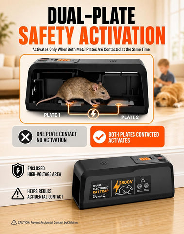 2 Pack Electric Rat Trap, 2800V Electronic Rodent Zapper with LED and Buzzer Alerts, Replaceable No-Touch Electrode Plate, Battery or USB Powered Mouse Trap for Home, Kitchen and Garage