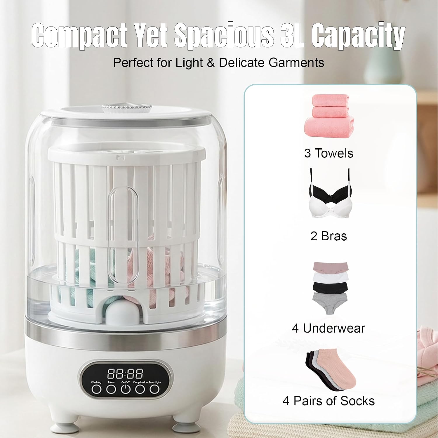 3-in-1 Mini Portable Washing Machine, 3L Capacity Compact Washer with Digital Display & Multiple Modes, Durable ABS & PP Material, Small Laundry Solution for Undergarments, Socks, Baby Clothes