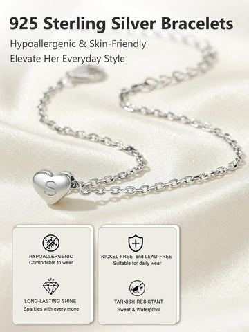 Silvora Initial Bracelets for Women Sterling Silver Heart Bracelet Personalized Hypoallergenic 925 Silver Bracelet Cute Dainty Charm Womens Trendy Jewelry Hypoallergenic