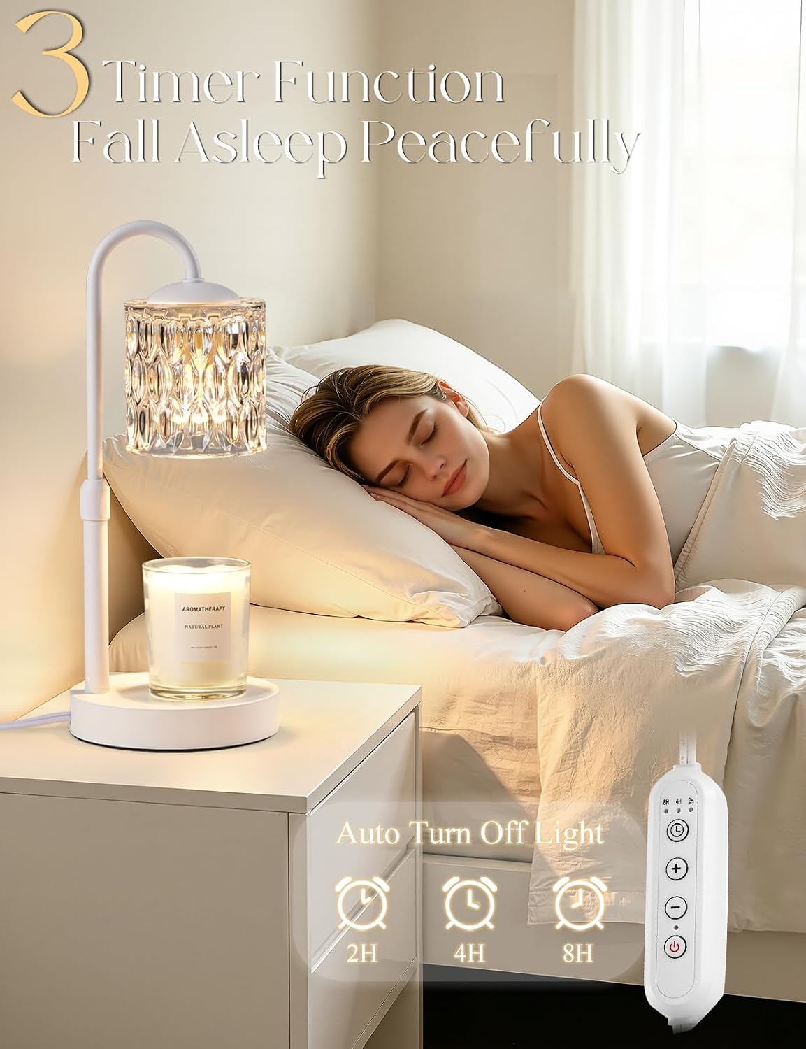 Briever Dimmable Candle Warmer Lamp with Timer, Height Adjustable Electric Candle Wax Warmer, Birthday Gifts for Women Mom, House Warming Gifts New Home Decor, Solid Wood Base, White Clear