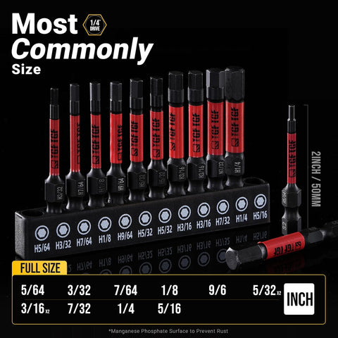 TGFTGF Impact Hex Head Allen Wrench Drill Bit Set, 12PCS, 2-inch (SAE), Premium S2 Steel 1/4" Hex-Shank Hex Bit Set, CNC Machined Magnetic Screwdriver Bit Set, Storage Box, for Automotive Home DIY
