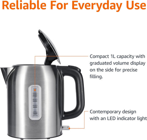 Amazon Basics Electric Kettle, Tea Kettle & Water Boiler with Auto Shut-Off, Boil Dry Protection, Strix Thermostat, BPA-Free, 1500W, 1.1Qt (1L), Stainless Steel, New Model, Black & Silver