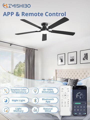 ZMISHIBO 60 Inch Ceiling Fans with Lights, Remote&App Control, Flush Mount