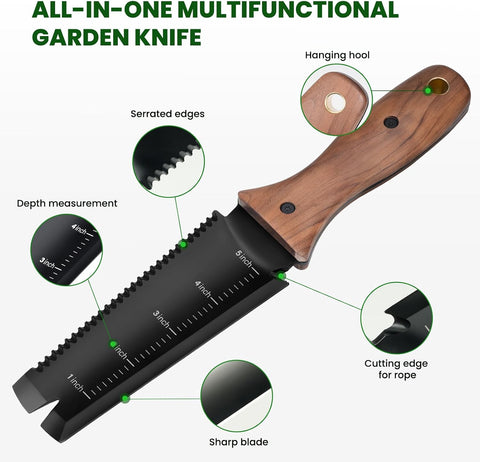 PERWIN Hori Hori Garden Knife, Garden Tools with Sheath, 6" Stainless Steel Blade with Cutting Edge, Full-Tang Walnut Ergonomic Wood Handle with Hanging Hole, Weeding, Planting, Digging
