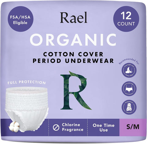 Rael Disposable Period Underwear, Organic Cotton Cover (Size S-M, 12 Ct)