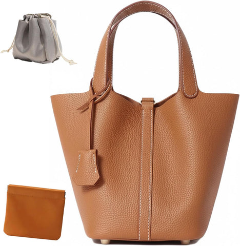 Genuine Leather Bucket Bag, Top-Handle Satchel Handbag with Lock