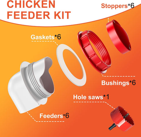 Chicken Feeders No Waste, DIY Automatic Poultry Feeder - 6 Ports Red