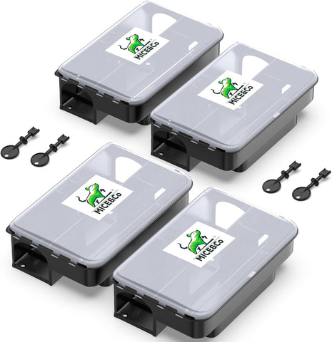 Rat Bait Stations 4 Pack, Clear Lid, Lockable Rodent Traps, Outdoor