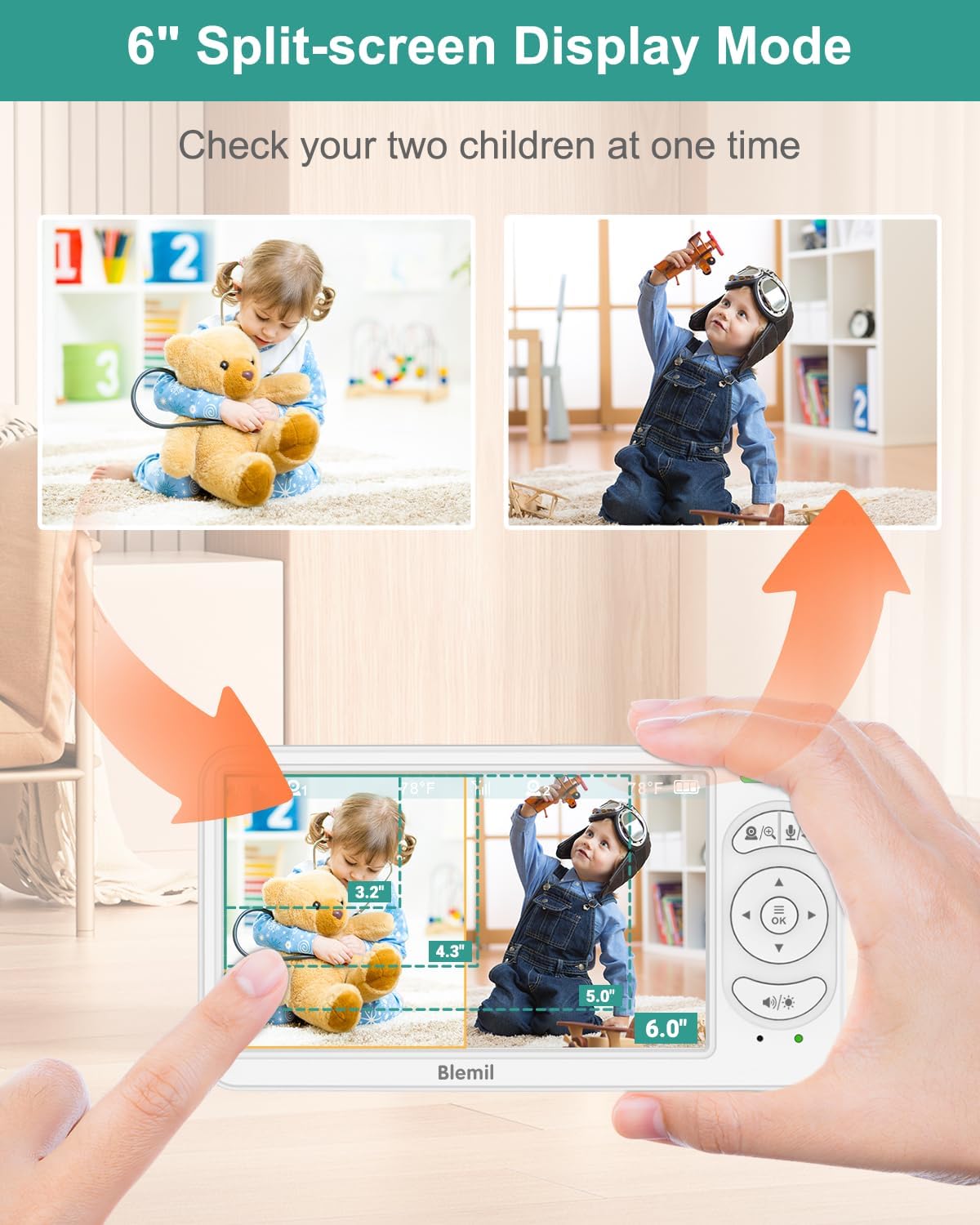 Blemil 6" Split Screen Video Baby Monitor with 2 Cameras, 4000mAh Battery